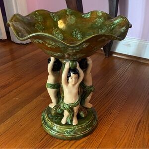 Vintage Cherub Pedestal Compote Bowl – Majolica Style Green Glaze Centerpiece